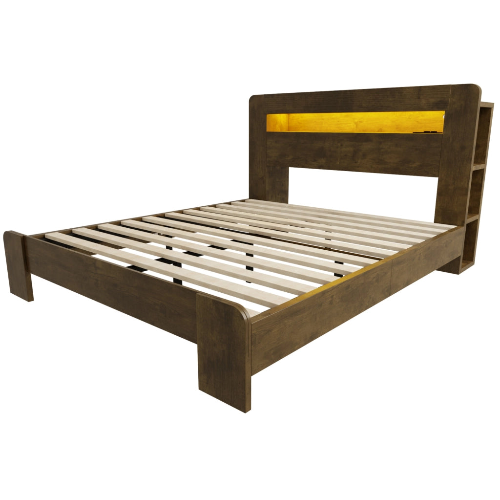 Letto matrimoniale ULEVR 140x200 cm con testiera contenitore, LED e prese integrate, finitura legno vintage