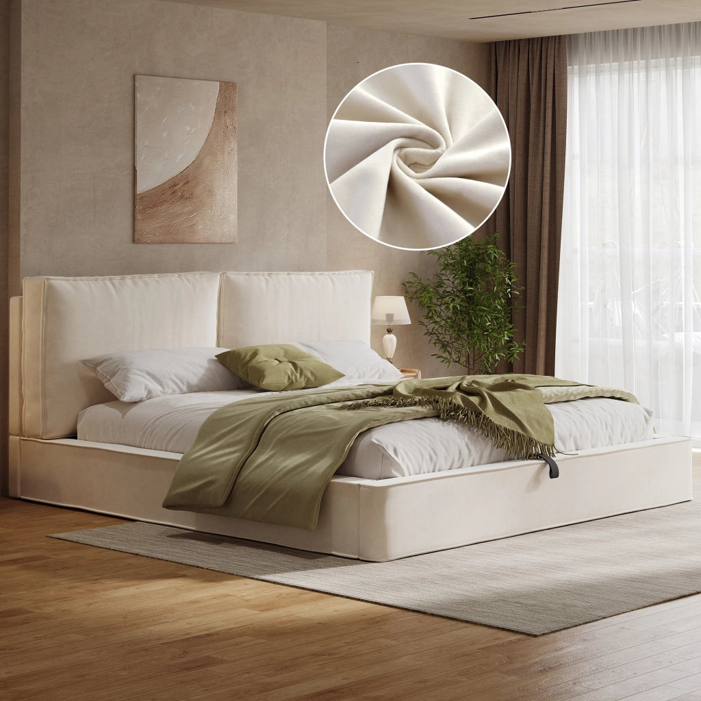 Letto contenitore matrimoniale 180 × 200 cm 2 posti con sollevamento idraulico; senza materasso; in velluto beige