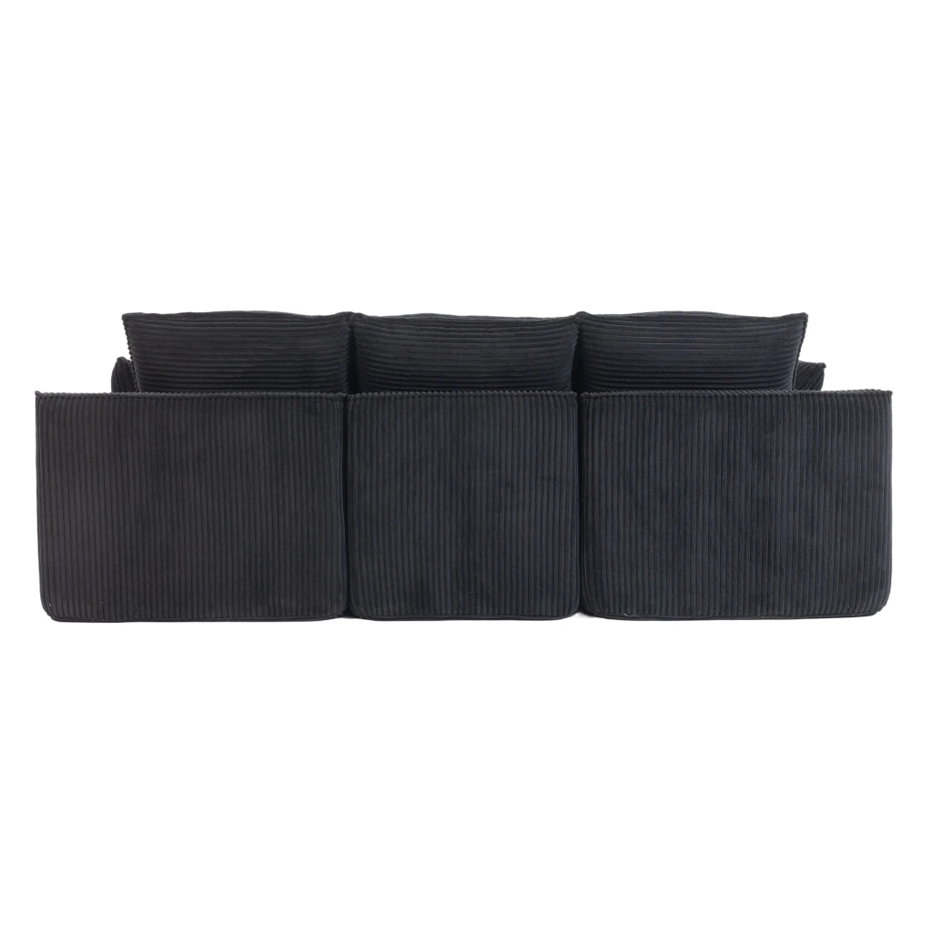 Divano modulare 3 posti in velluto a coste con pouf, cuscini e 2 tasche laterali, imbottitura a 3 strati con molle per un rapido ritorno elastico, nero