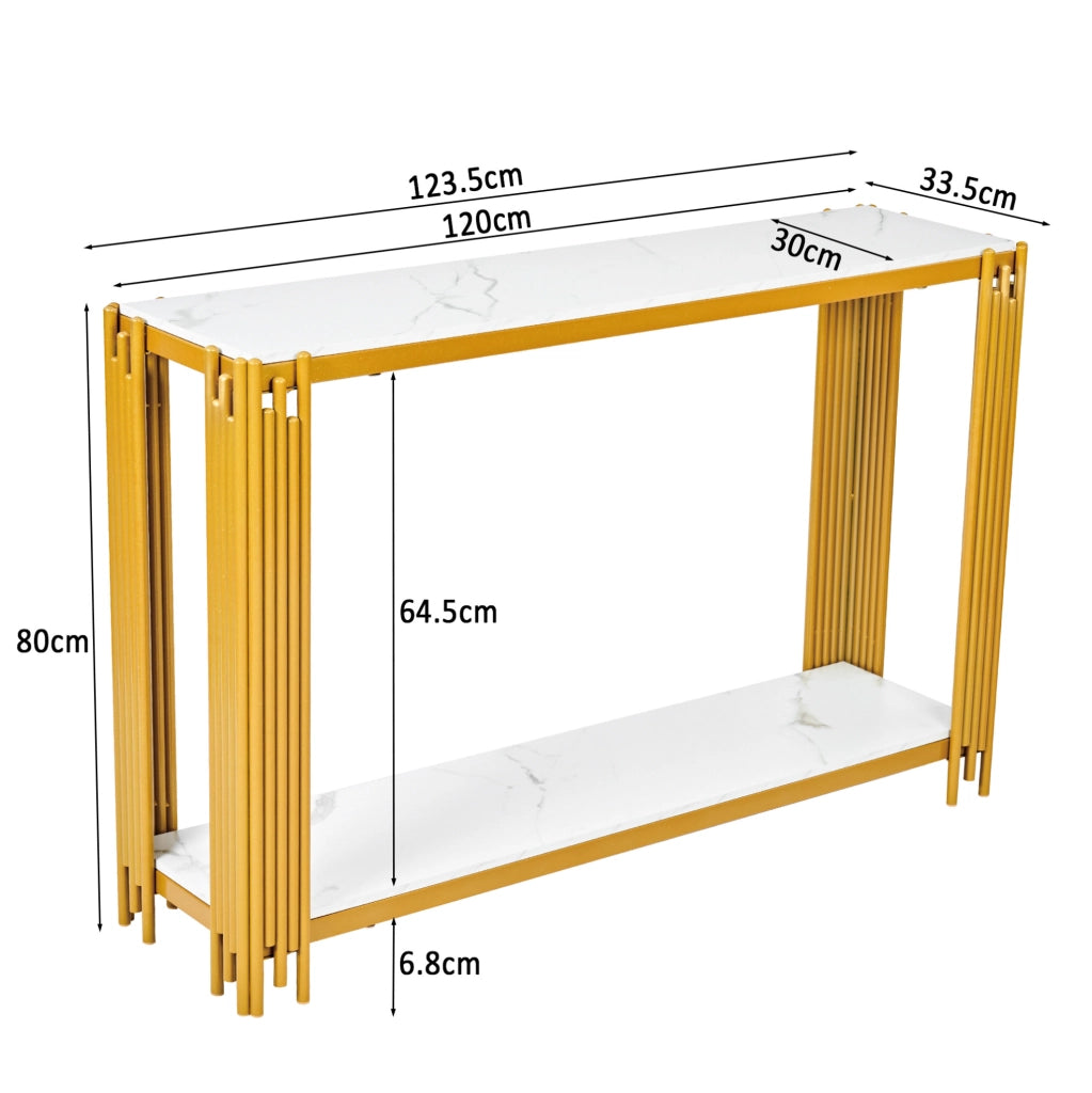 Tavolo consolle con 2 ripiani effetto marmo bianco, struttura in metallo dorato con finitura lucida, per ingresso, soggiorno e camera H80 x L123,5 x P33,5 cm