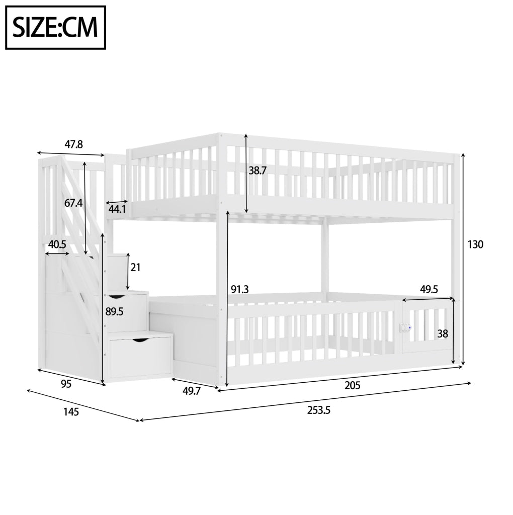 Letto a castello in legno 140x200 cm con scaletta e cassetti, letto singolo bianco per bambini e ragazzi con area giochi e spazio salvaspazio