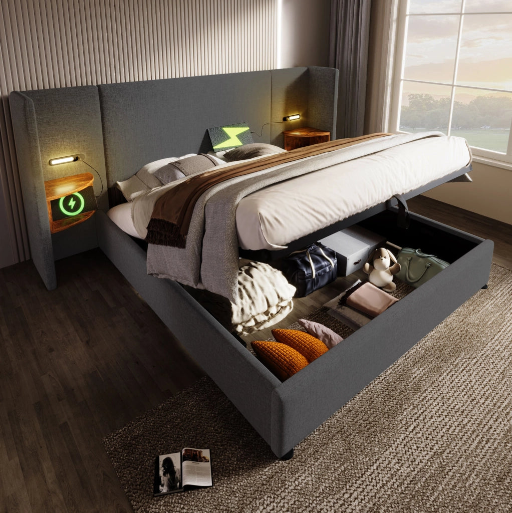 Letto imbottito 160x200 cm grigio con vano contenitore, luce LED, USB e Type-C