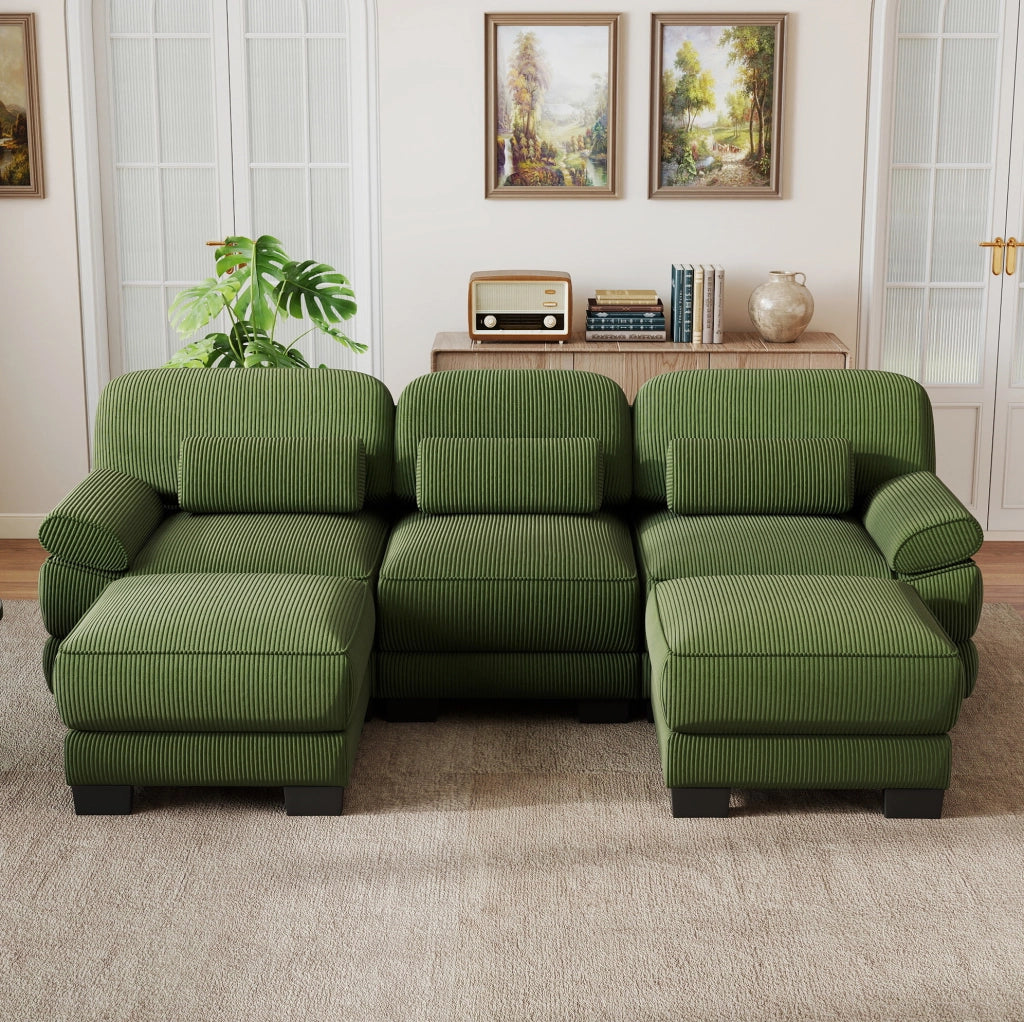 Divano modulare a U 3 posti 265x161x94 cm con pouf in velluto a coste verde