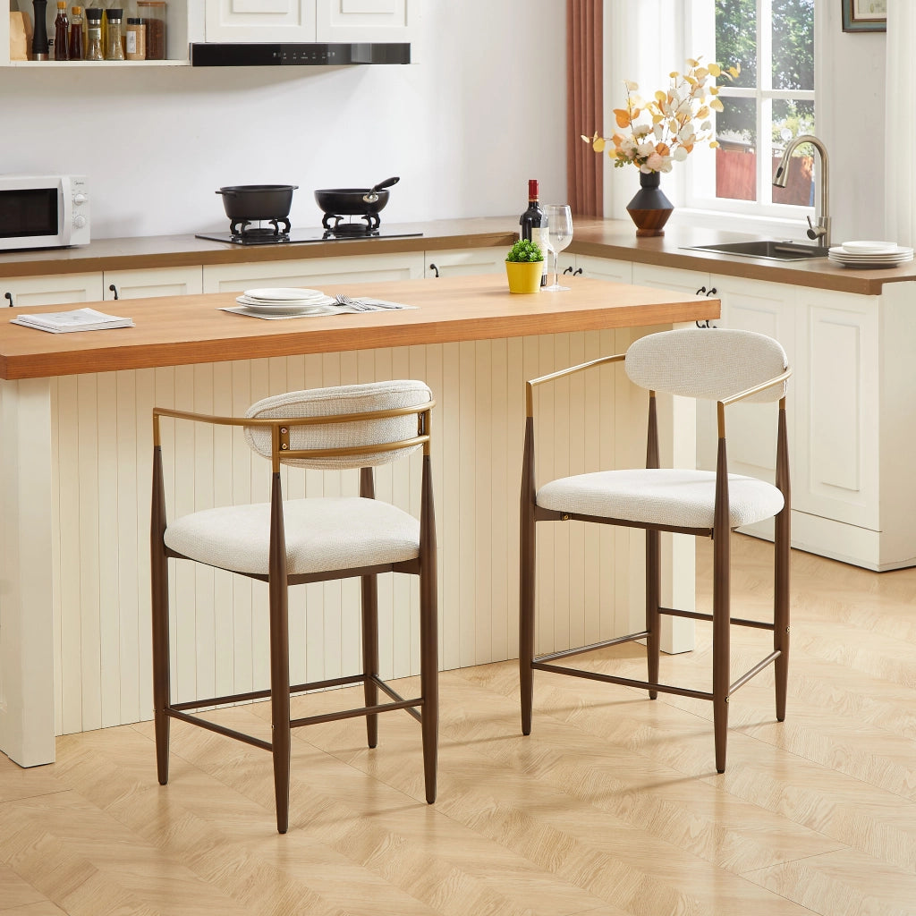 Sgabello da bar set di 2 con braccioli dorati e piedini regolabili, struttura in metallo e tessuto beige