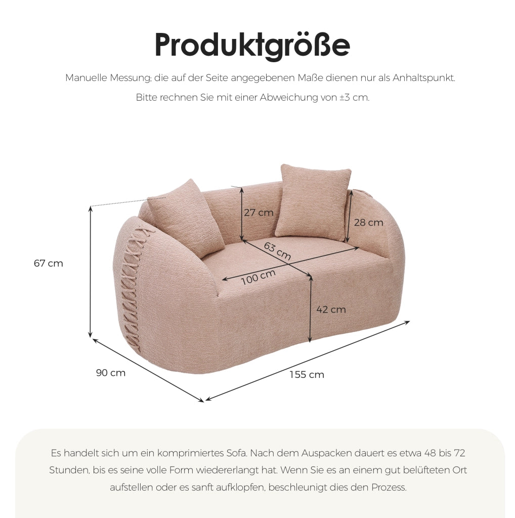 Divano modulare moderno 2 posti in tessuto Chenille beige Apricot, senza montaggio, ideale per piccoli spazi
