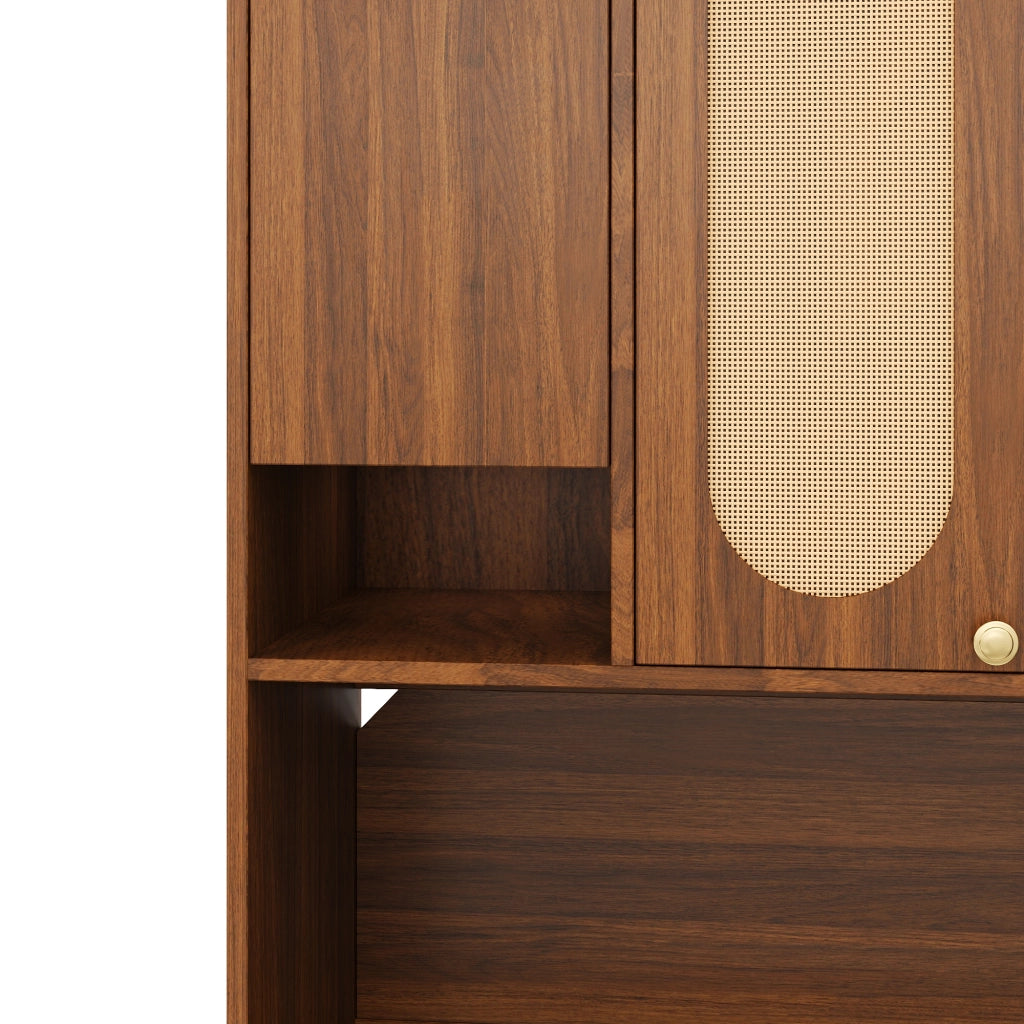 Credenza alta con 8 ante e vano bar aperto con LED regolabile in MDF naturale per sala da pranzo e soggiorno 106 × 40 × 178 cm