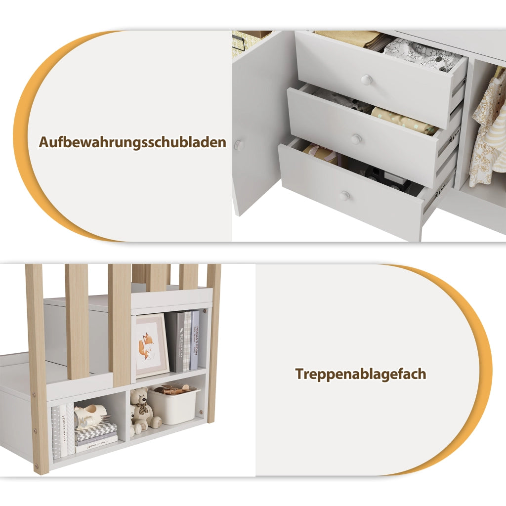 Letto a soppalco per bambini 90 × 200 cm con scala armadi cassetti barra appendiabiti bianco in MDF e legno