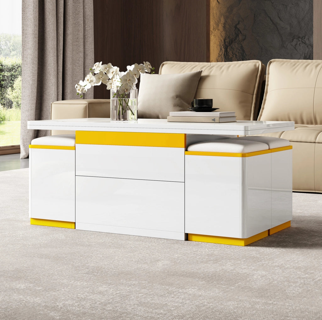 Tavolino trasformabile bianco e giallo con 4 sgabelli contenitore, 100 x 50 cm