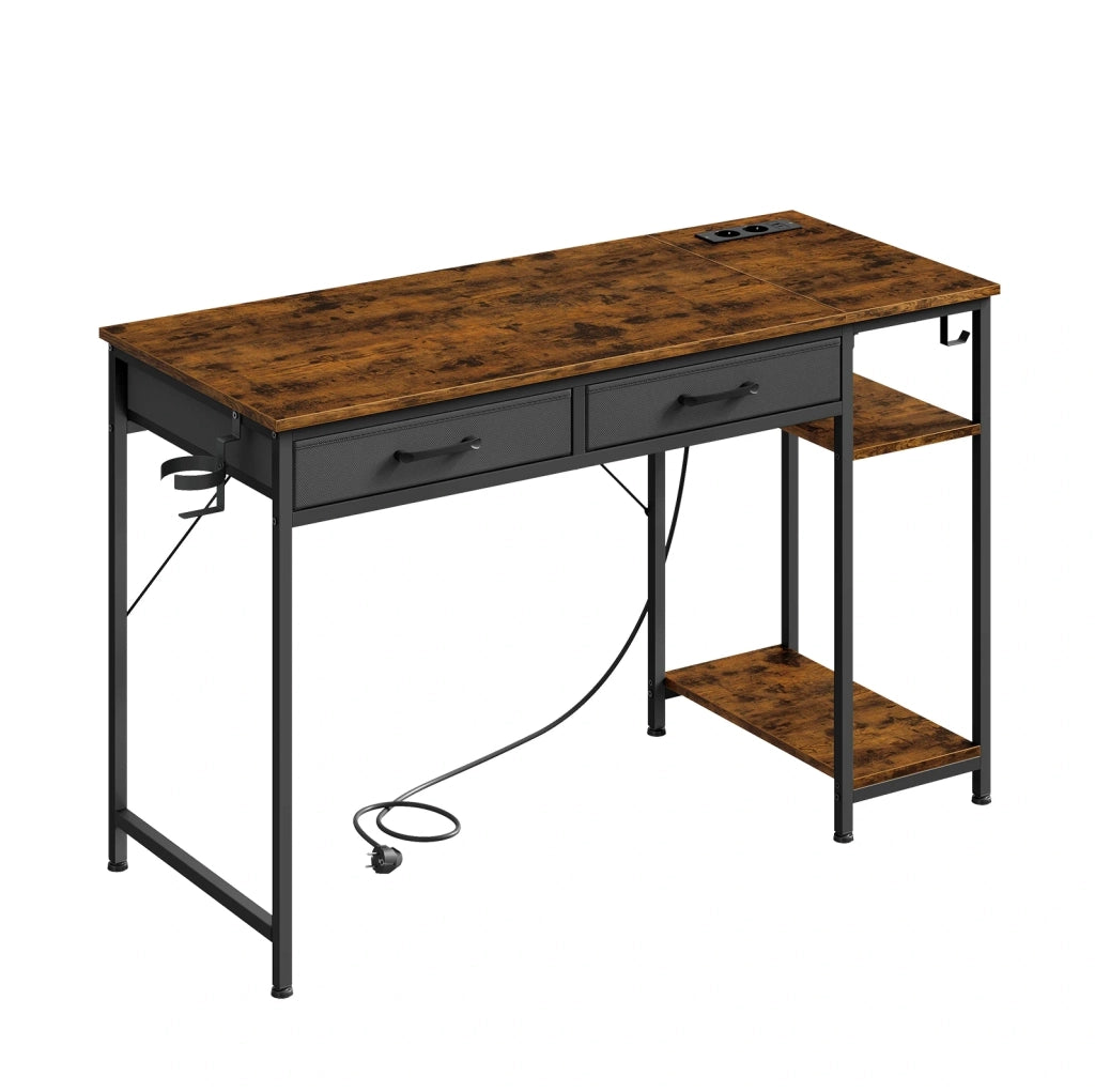 Scrivania moderna DESMIU con 2 cassetti in tessuto e mensola laterale, 120x51x75 cm, colore Rustico Marrone