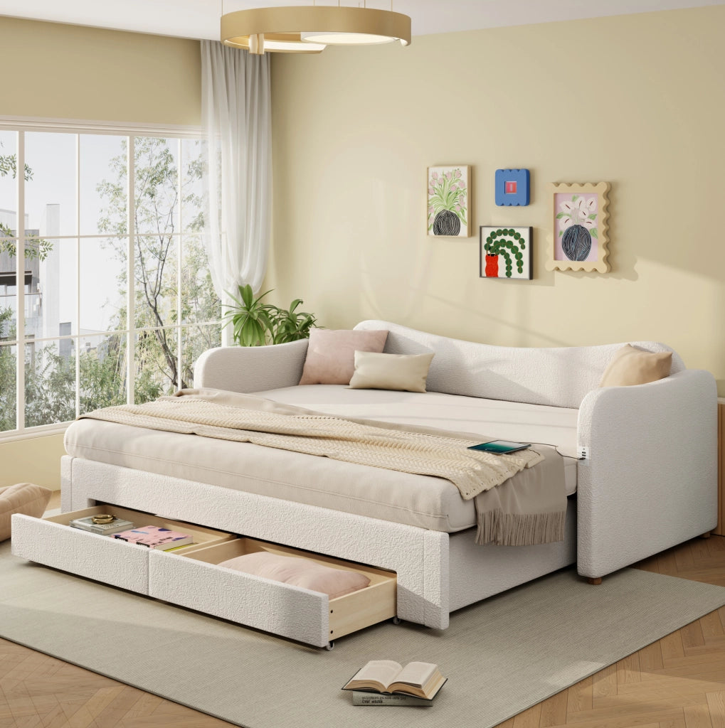 Letto imbottito estensibile con 2 cassetti, 90x200 cm, colore beige bouclé, con porta USB