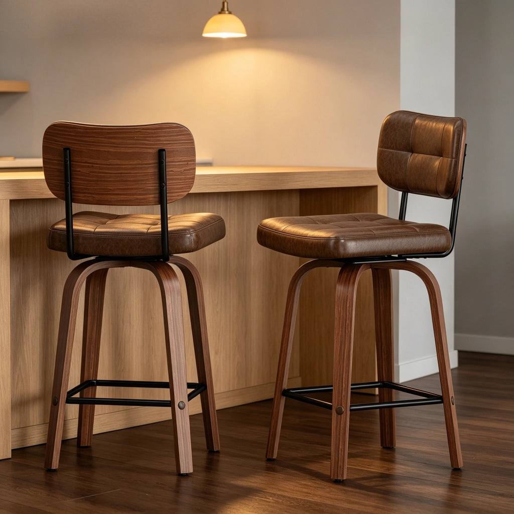 Sgabello da bar girevole - con schienale ergonomico - in PU e legno - marrone noce