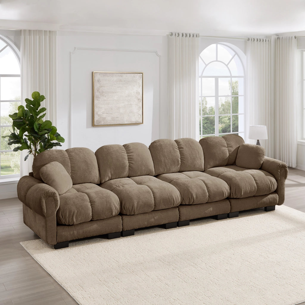 Divano modulare 330x86x90 cm con cuscini trapuntati e schienale curvo in ciniglia marrone