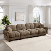 Divano modulare 330x86x90 cm con cuscini trapuntati e schienale curvo in ciniglia marrone