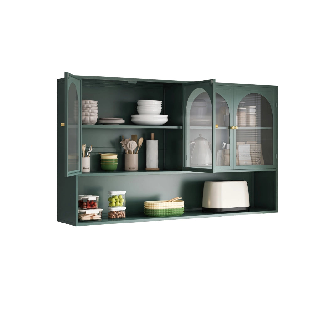 Armadio pensile 4 ante in metallo e vetro grigio 120x23x70 cm verde scuro