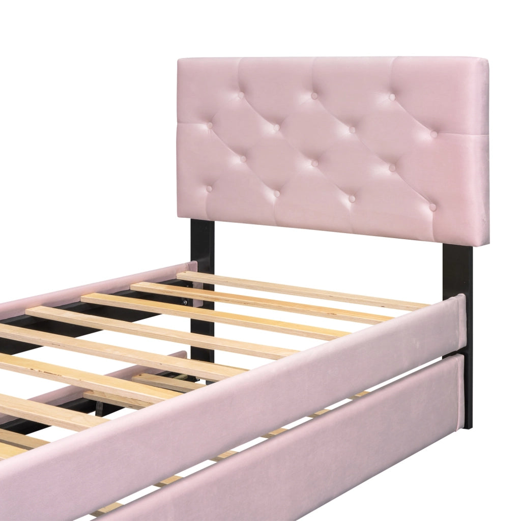 LETTO Imbottito 90x200 cm Velluto Rosa con letto estraibile e rete a doghe