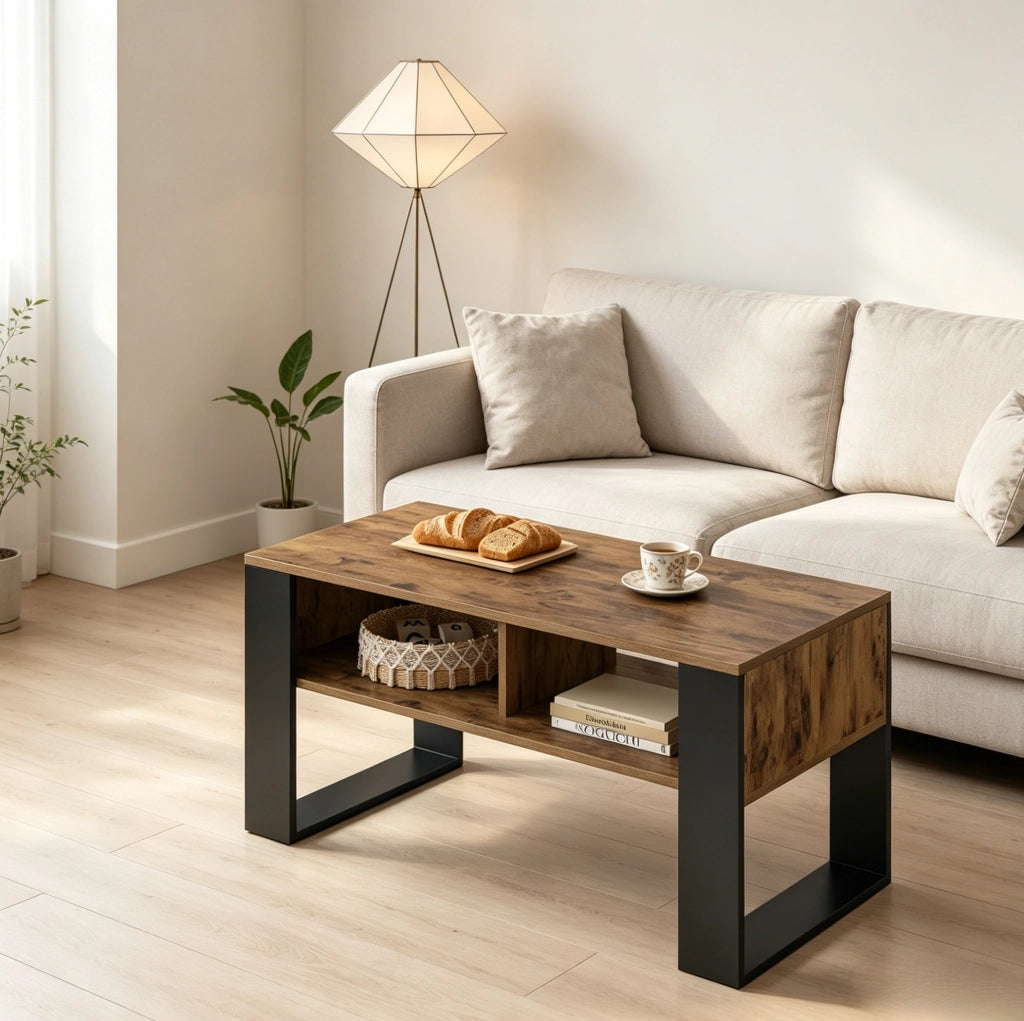 Tavolino da salotto 90x45 cm con 2 vani aperti nero e marrone rustico HOMVRA