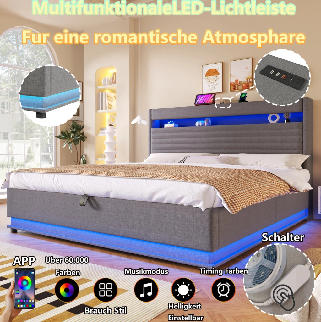 Letto imbottito 180 × 200 cm con contenitore idraulico; LED; USB e USB-C; lino grigio