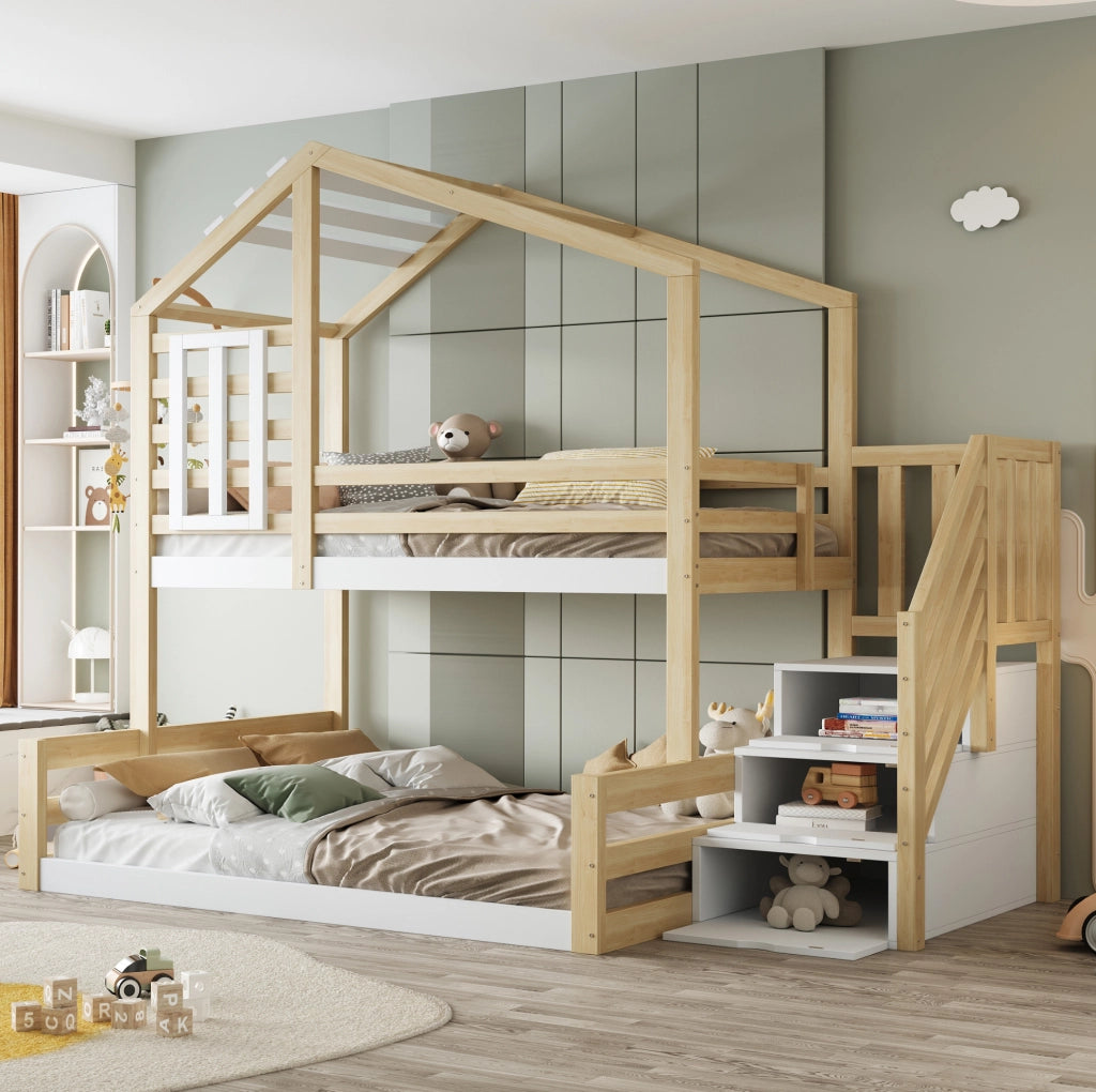 LETTO A CASTELLO 90x200 cm in pino e MDF naturale con scala contenitore