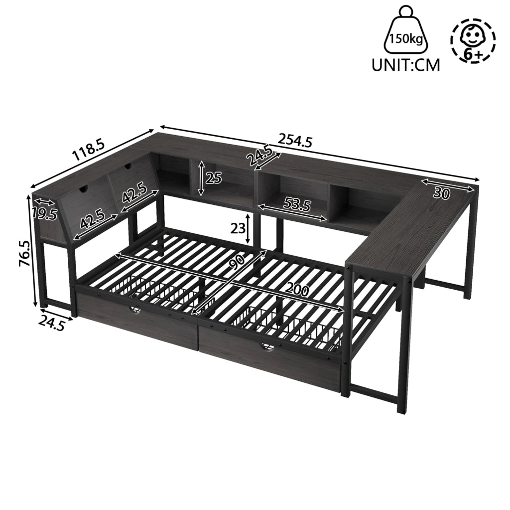 Letto singolo multifunzione 90x200 cm con scrivania; cassetti e LED nero HOMVRA