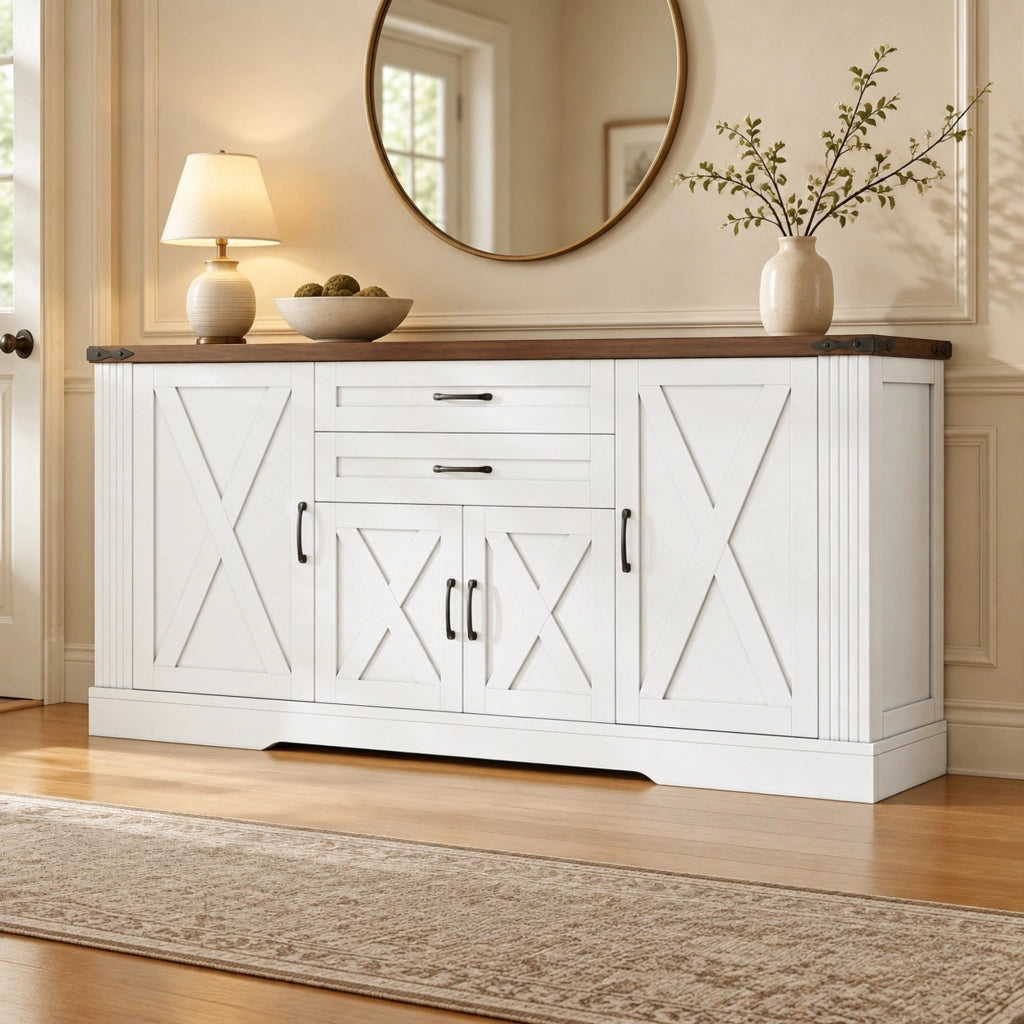 Credenza 160x39x81,5 cm con 4 ante e 2 cassetti in MDF e truciolare bianca