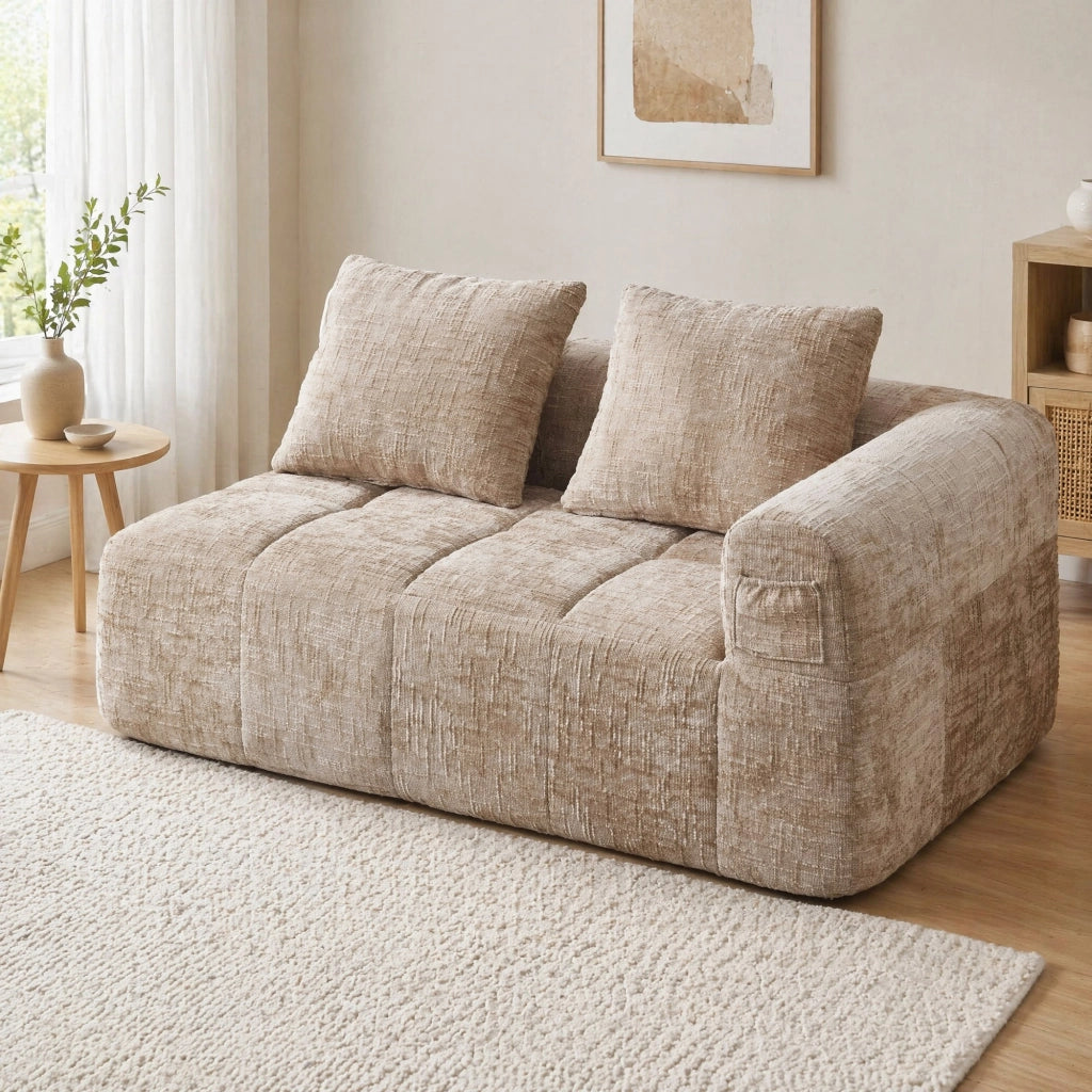 Divano con chaise longue e tasche laterali 158 cm in chenille khaki