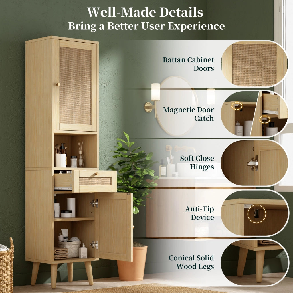 Colonna da bagno autoportante con ante reversibili in rattan; cassetto e ripiani aperti color legno naturale 40 × 30 × 166 cm