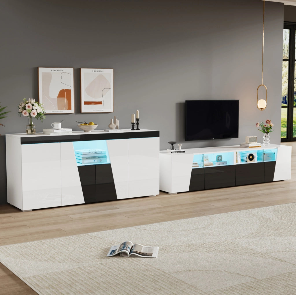 Set mobile TV sospeso con LED e sideboard 4 ante bianco e nero