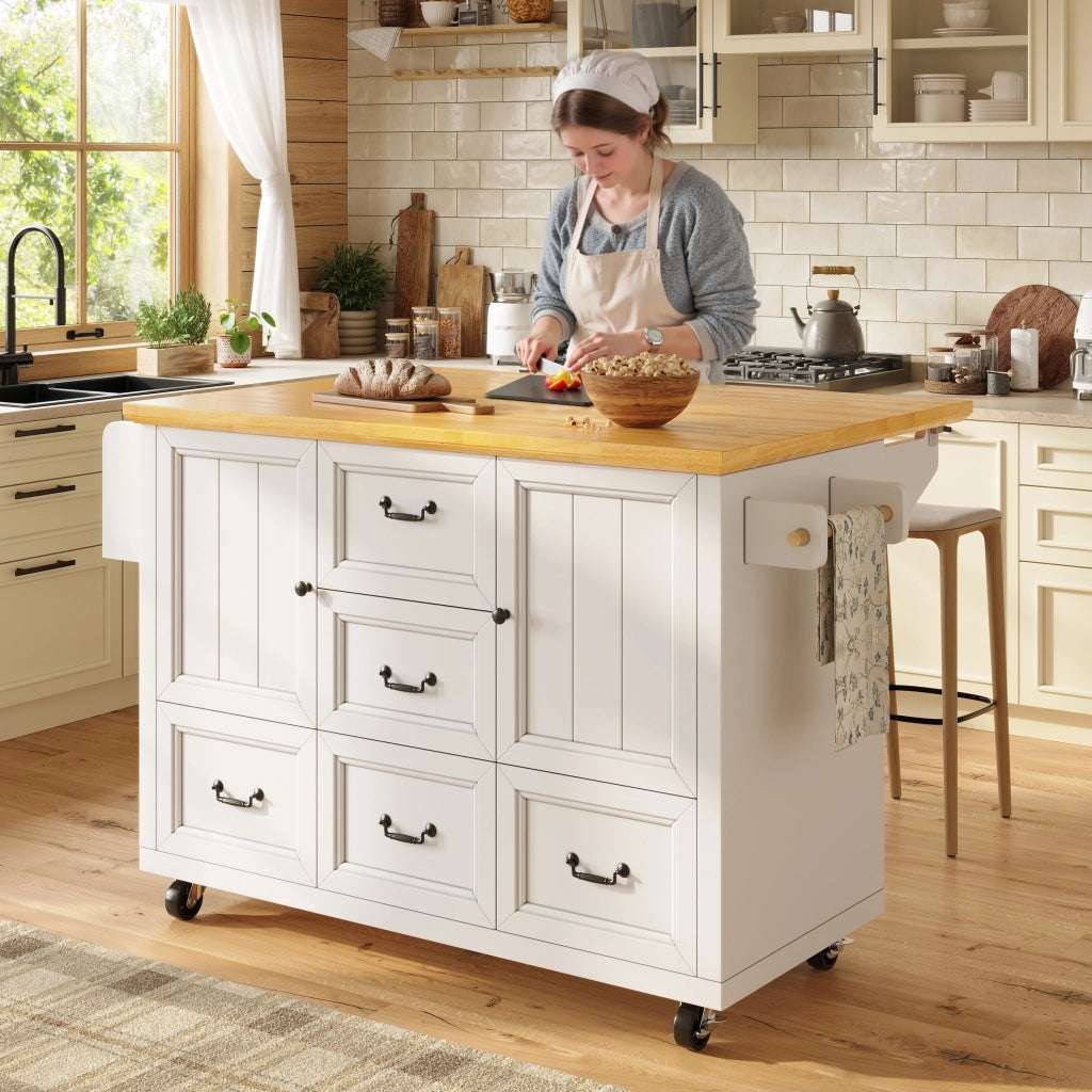 Isola da cucina con piano ribaltabile; ruote bloccabili; ripiani regolabili; portaspezie e portasalviette bianca