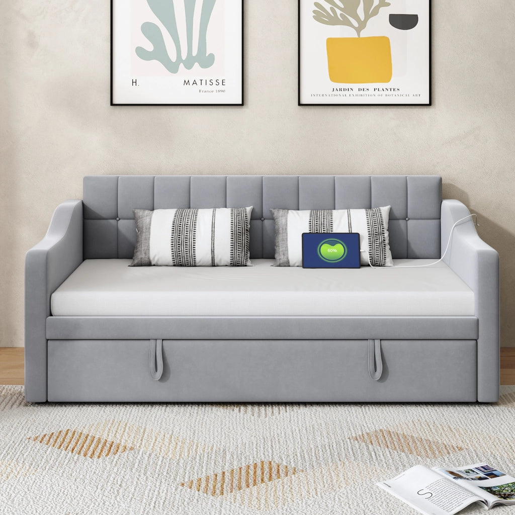 Divano letto multifunzione 2 in 1 90 x 180 x 190 cm, letto imbottito in velluto con presa e tasca contenitore - Grigio chiaro