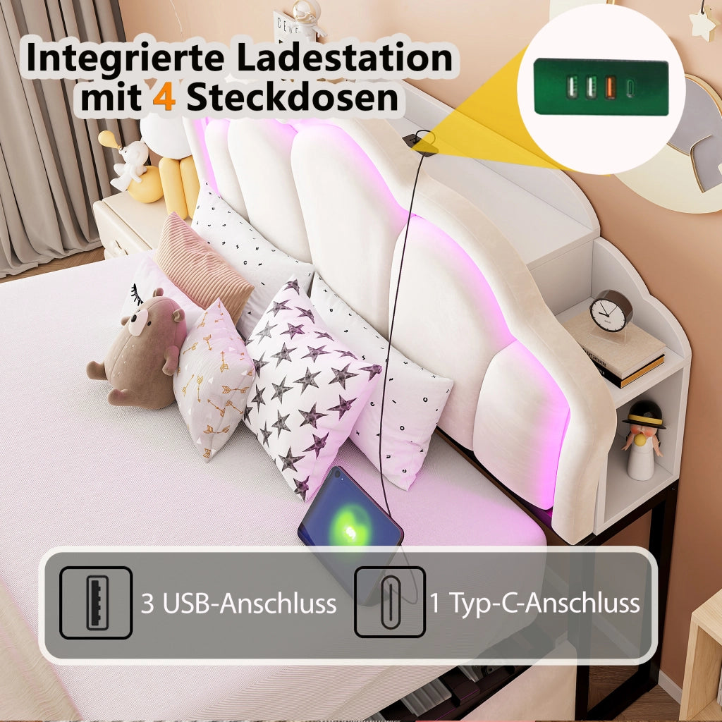 Letto imbottito 140 × 200 cm con contenitore idraulico in velluto beige LED prese e vani nella testiera