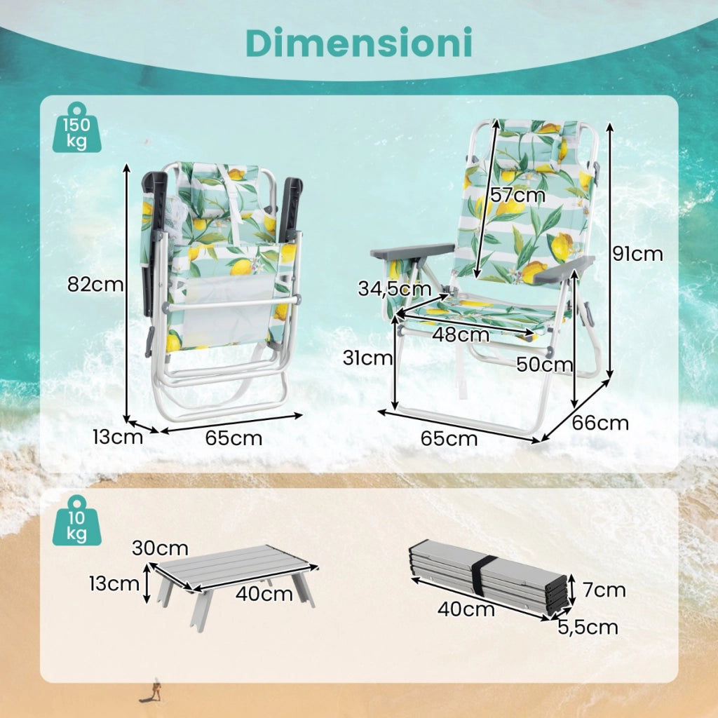 Sedie da giardino a 2 posizioni con tavolino laterale per picnic all'aperto, Set di sedie da spiaggia pieghevoli e tavolino Verde chiaro