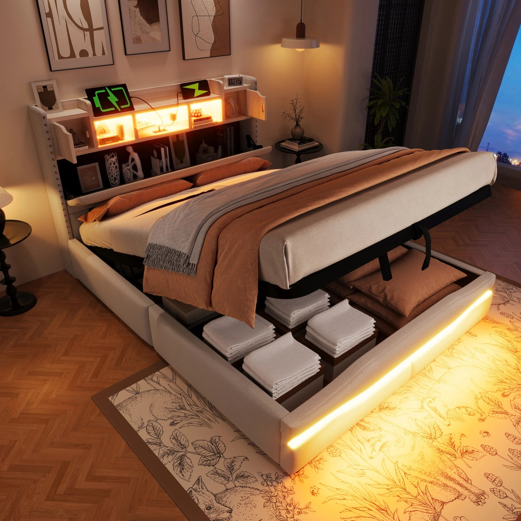 Letto contenitore 140 × 200 cm con sollevamento idraulico; testiera con vano; LED; USB e Type-C; beige