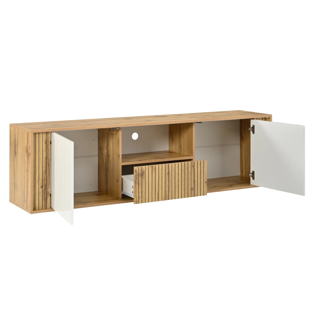 Mobile Porta TV 180 cm per 75 Pollici con Luci LED; Bianco e Legno; 1 Cassetto e 2 Ante