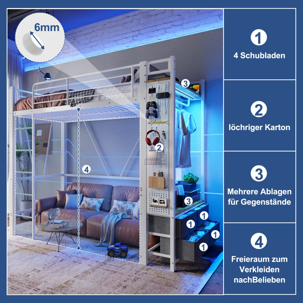 Letto a soppalco 90 × 200 cm con 4 cassetti LED prese USB e Type-C in metallo e MDF bianco