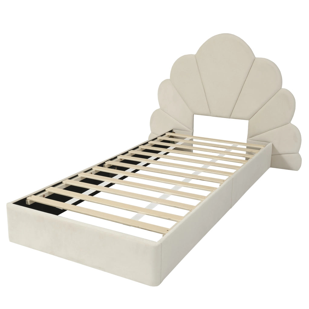 Letto singolo imbottito in velluto beige 90x200 cm con testiera a petali curvati