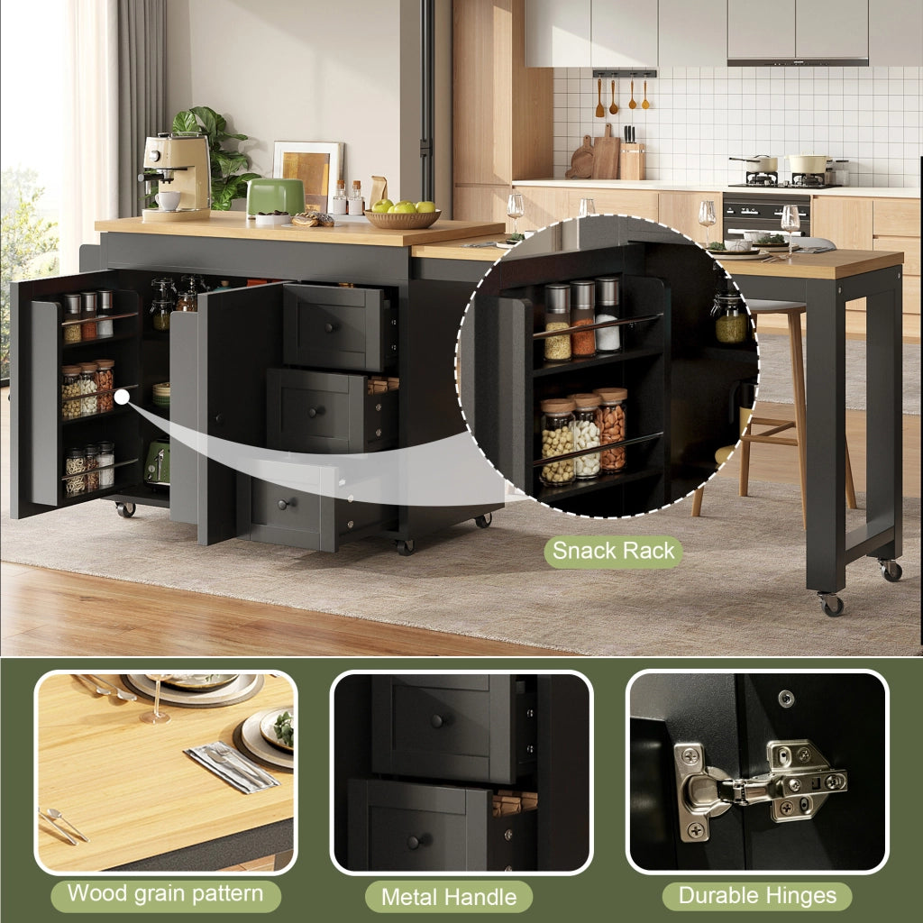 Mobile base da cucina con piano allungabile; 3 cassetti; armadio e ruote in MDF nero 116–179.5 × 45 × 89 cm