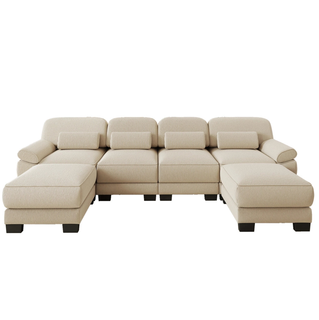 Divano modulare in velluto a coste beige con 2 pouf; 336 x 161 x 94 cm