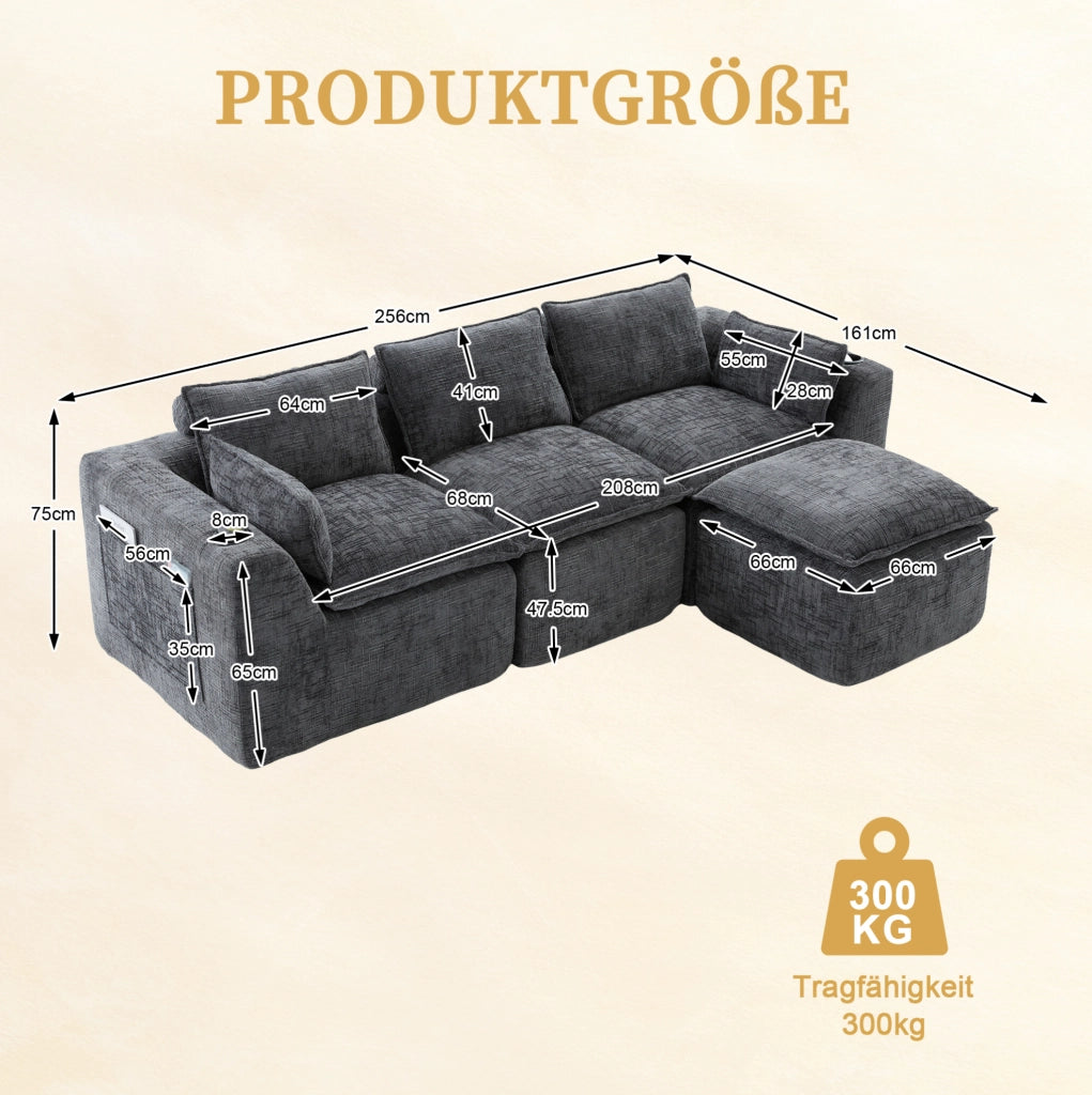 Divano modulare in tessuto chenille grigio scuro con tasche laterali e pouf 256x161 cm
