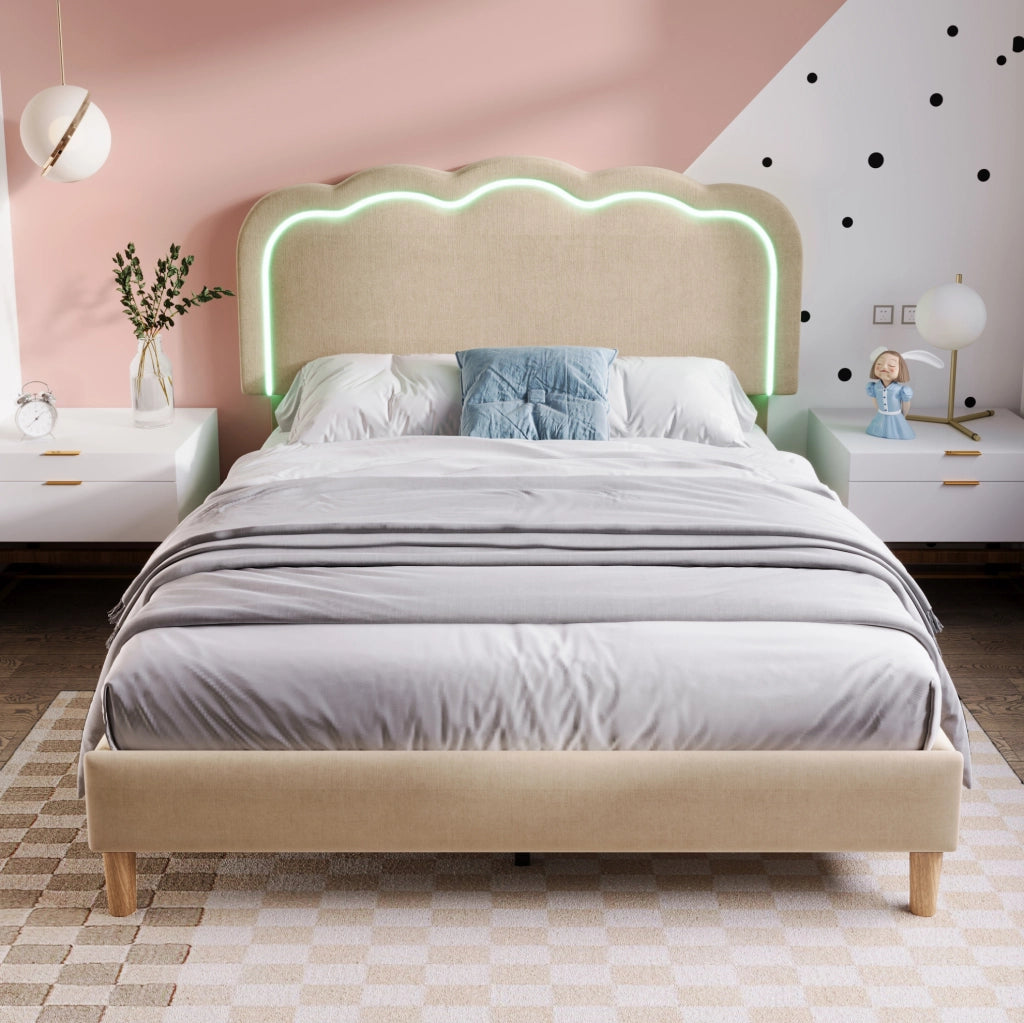 Letto imbottito LED beige 140 x 200 cm con testiera regolabile