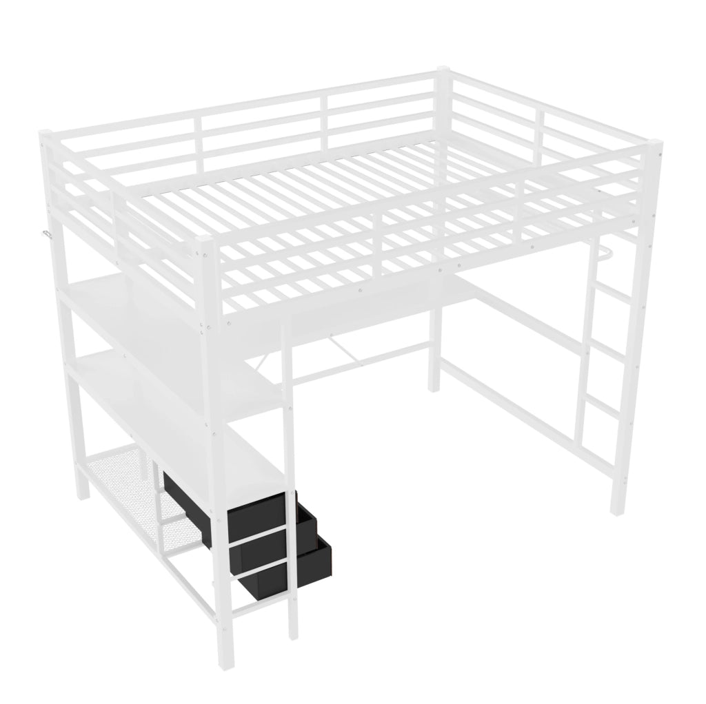Letto a soppalco 140x200 cm con scrivania, LED, 3 cassetti, prese USB e elettriche, struttura in metallo e MDF, bianco