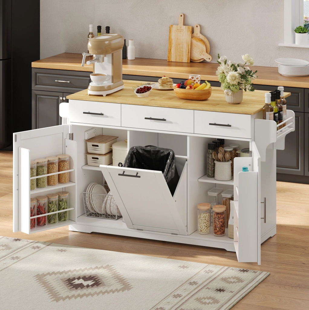 Isola cucina mobile 136x50(75)x92 cm con piano ribaltabile; prese USB e vano rifiuti HOMVRA