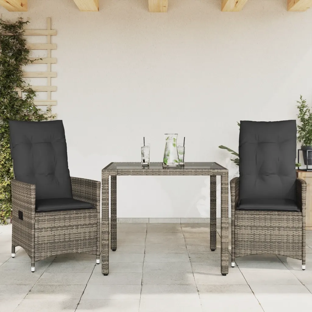 Set da Bistr¨° 3 pz | Set Salotto da Giardino con Cuscini Grigio in Polyrattan