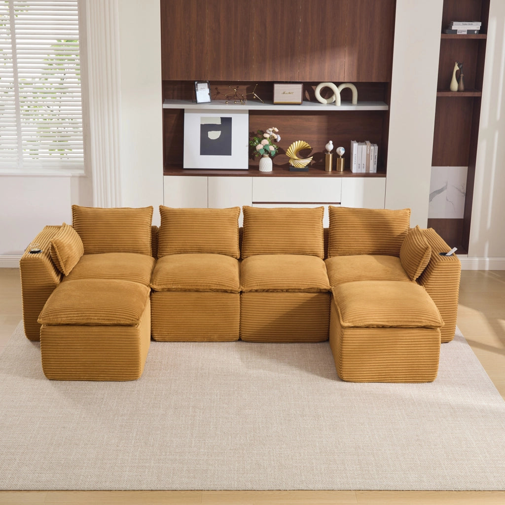 Divano modulare 4 posti 322x161x75 cm in tessuto arancione con 2 pouf