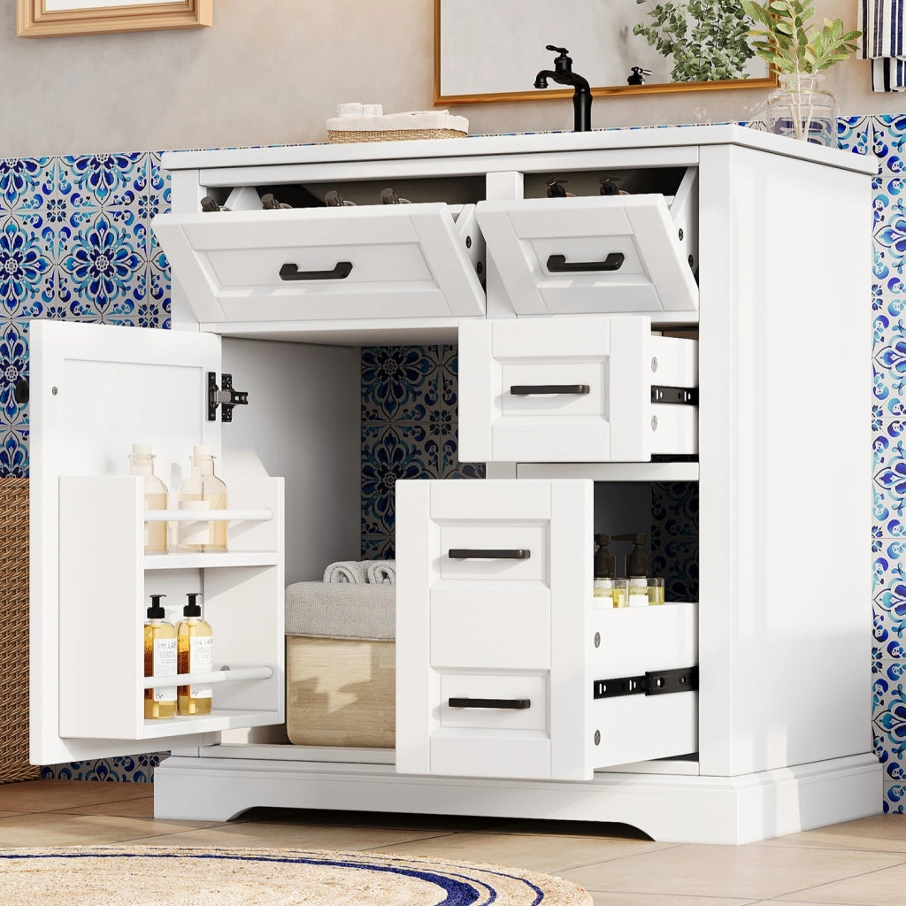 Mobiletto con lavabo integrato a terra con 4 cassetti e anta soft-close in ceramica e MDF bianco 76 × 47 × 82 cm