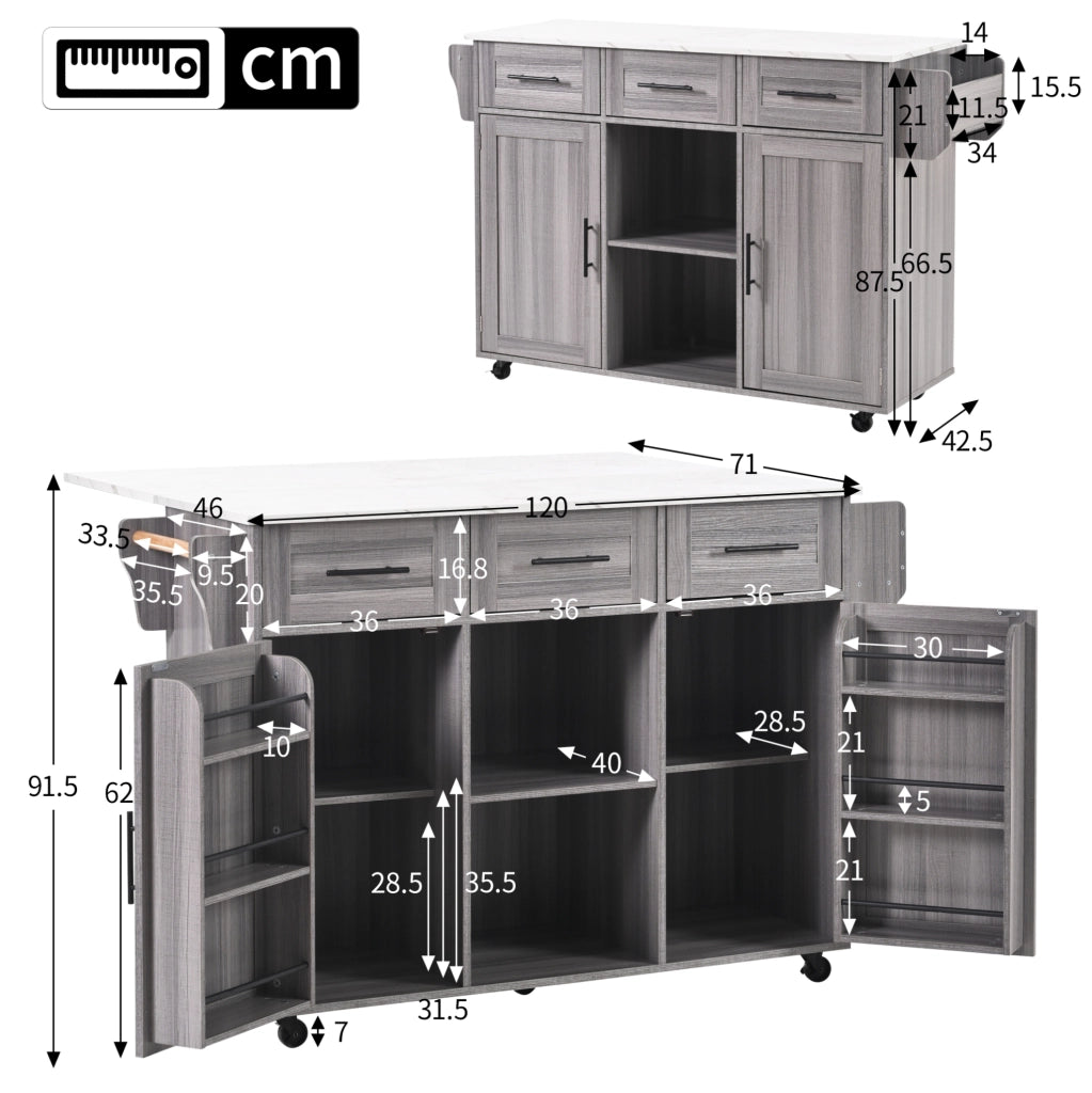 Carrello cucina multifunzione 139x46(71)x91,5 cm con ripiani interni, piano pieghevole e finitura effetto legno grigio e marmo bianco