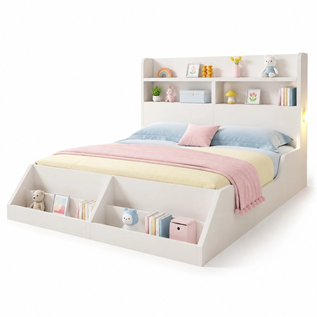 Letto matrimoniale con rete a doghe 140 × 200 cm in legno bianco con luci notturne e libreria rimovibile