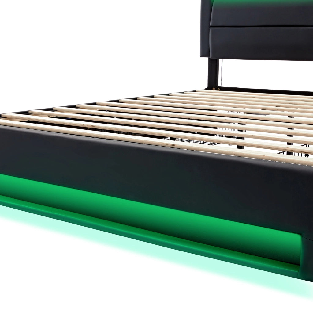Letto imbottito 140x200 cm con LED, USB e 4 cassetti nero