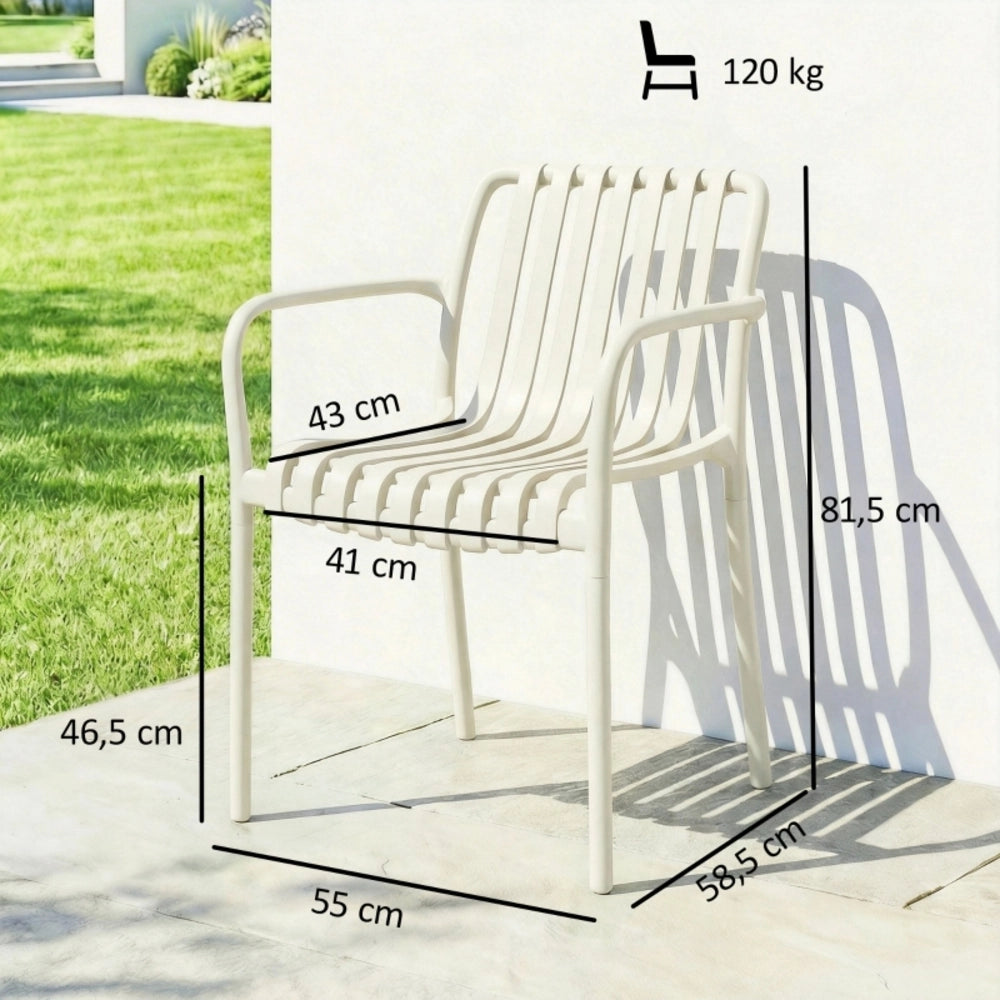 Set di 4 Sedie da Giardino Impilabili in PP Crema con Schienale Ergonomico a Lamelle