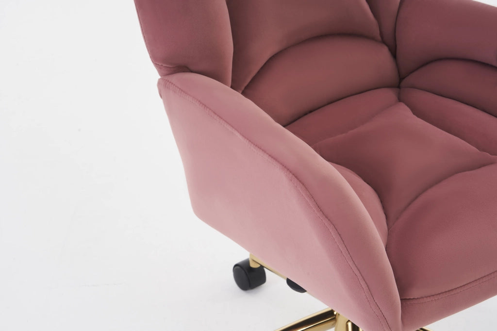 Sedia da ufficio regolabile in velluto rosa con base dorata e ruote girevoli 360°