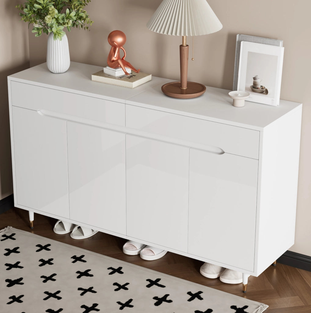 Scarpiera 140x39x84 cm in truciolare bianco e oro con 2 cassetti e ripiani regolabili